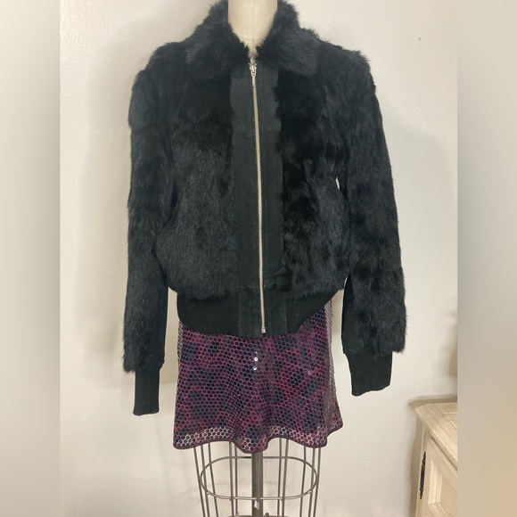 Vtg y2k 90s black rabbit fur bomber jacket - Picture 2 of 8